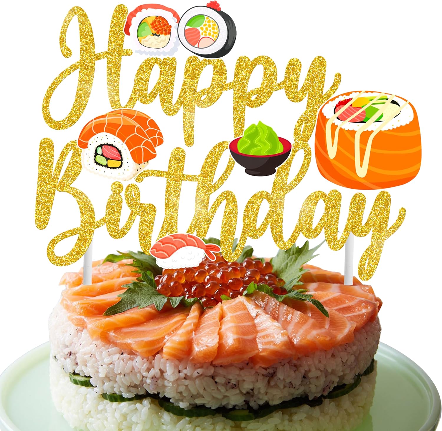 Glittery Gold Sushi Birthday Cake Topper - 'Let's Roll' Sushi Party Decoration for Japanese Themed Events
