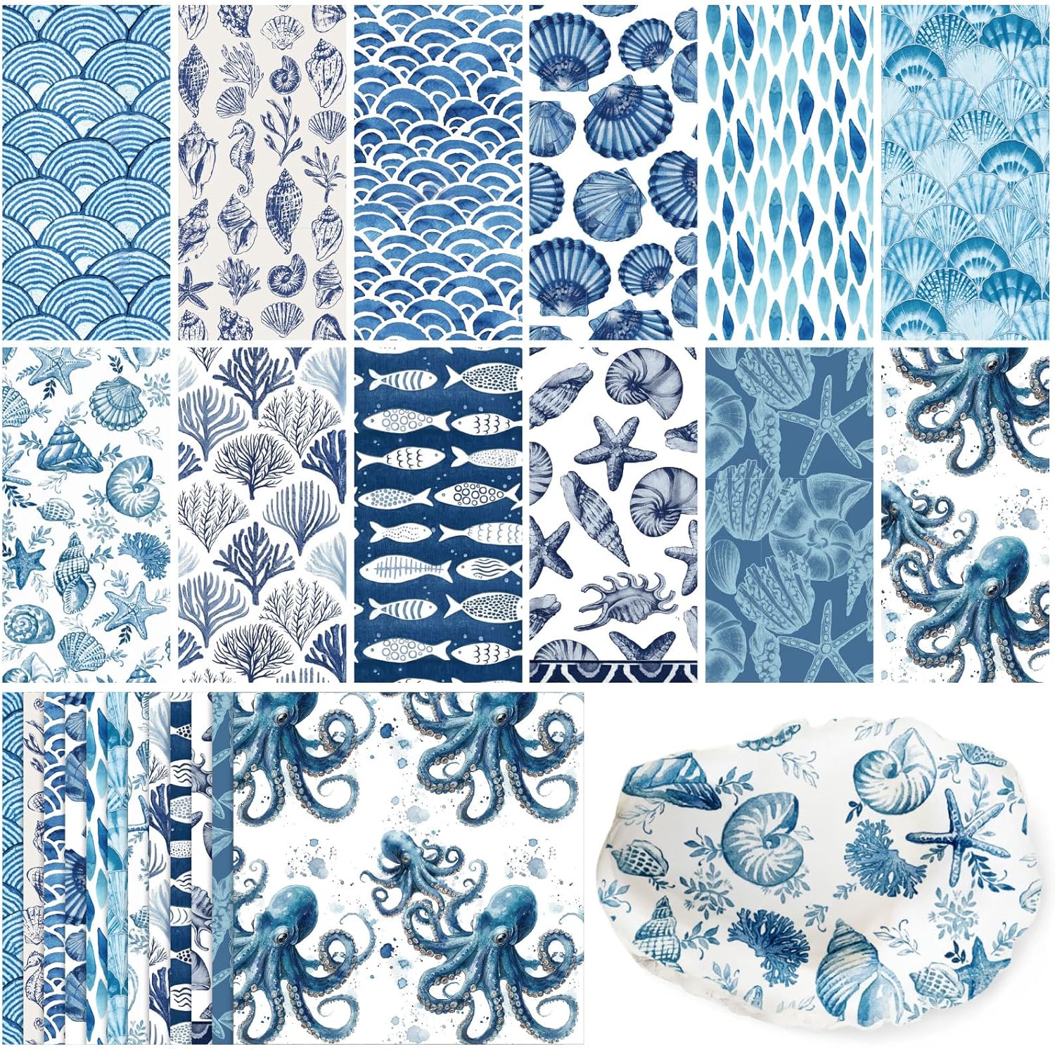 Glenmal 120 Pack Coastal Beach Blue Style Decoupage Paper Napkins, 12 Styles Decorative Cocktail Napkins for DIY Crafting Guest Tea Party Scrapbook Holiday Birthday Wedding Baby Shower, 13 Inch