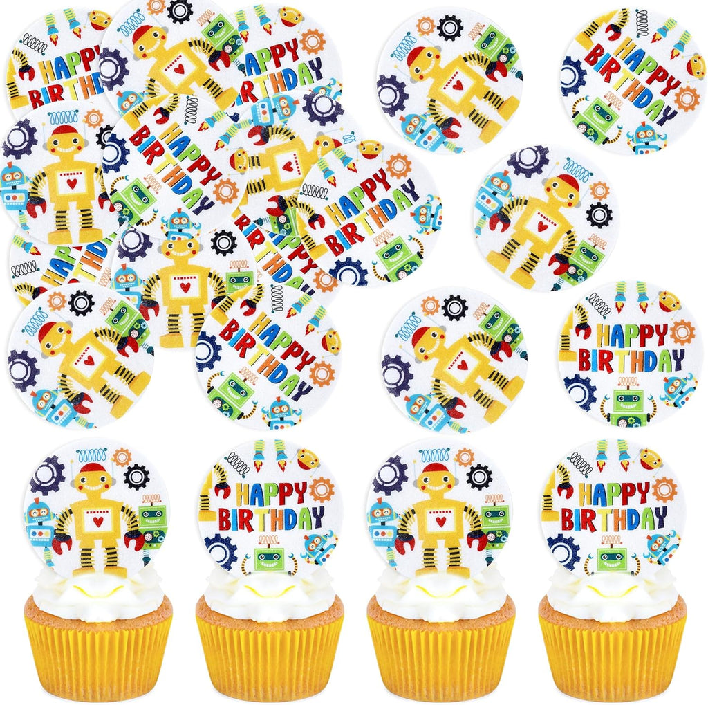 Ercadio 48 PCS Edible Robot Cupcake Toppers Cartoon Robot Cake Picks Gear Happy Birthday Cake Decor for Kids Theme Boys Birthday Baby Shower Party Supplies