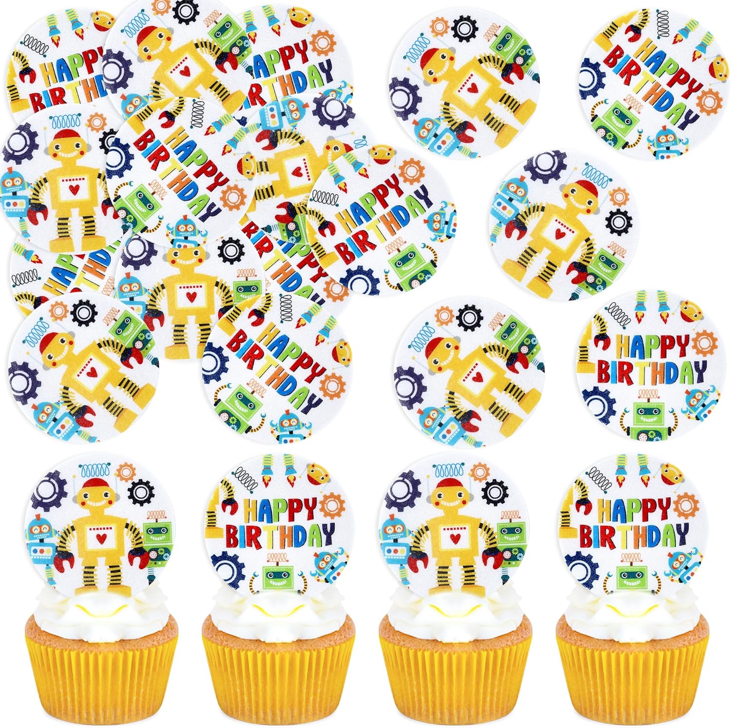 Ercadio 48 PCS Edible Robot Cupcake Toppers Cartoon Robot Cake Picks Gear Happy Birthday Cake Decor for Kids Theme Boys Birthday Baby Shower Party Supplies