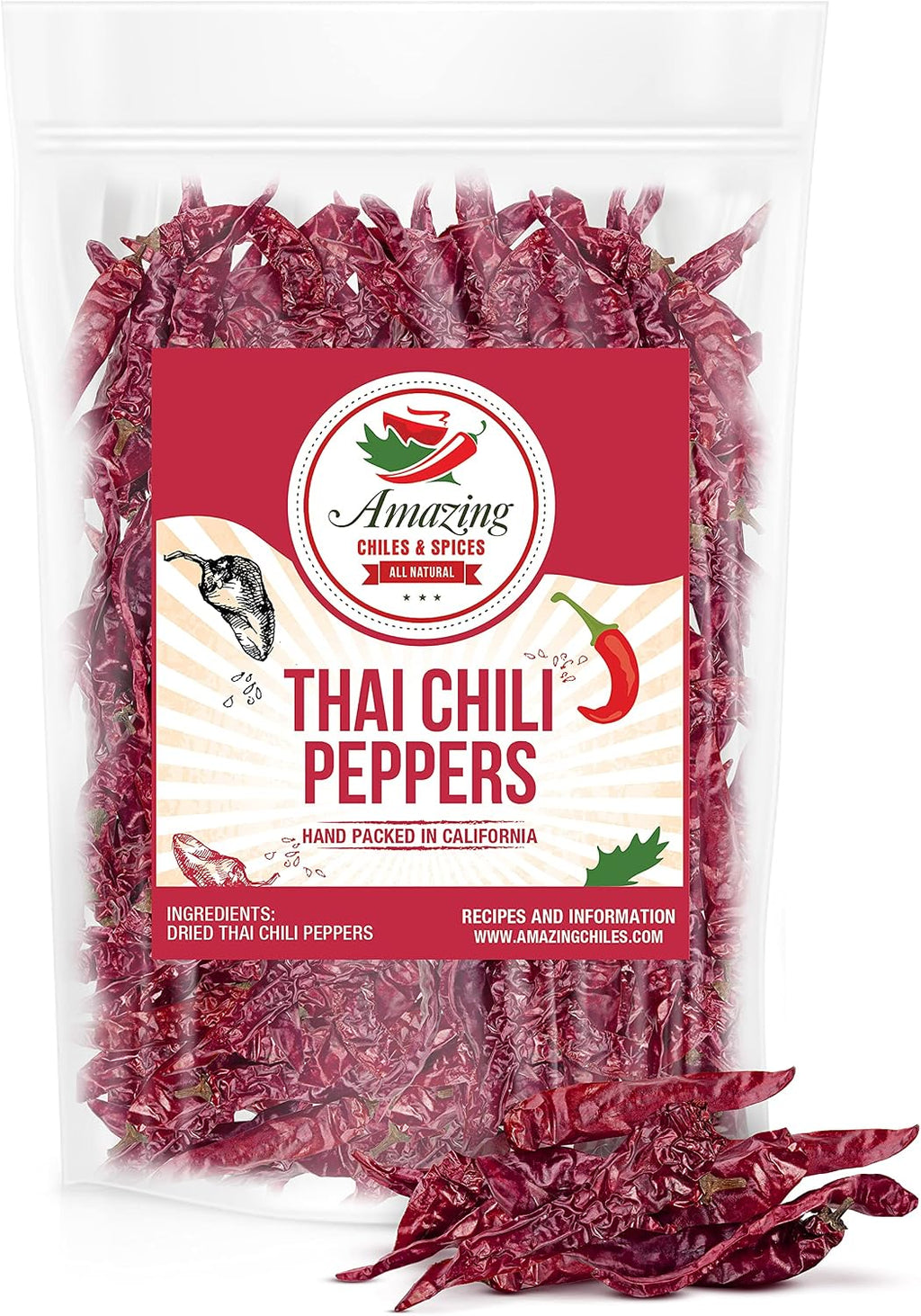 Authentic Red Thai Chili Peppers, 5 oz. Bag, Genuine Hot Red Whole Pepper Chilis, Dried Fresh for Cooking Traditional Asian Foods, Soups, and Curry by Amazing Chiles & Spices