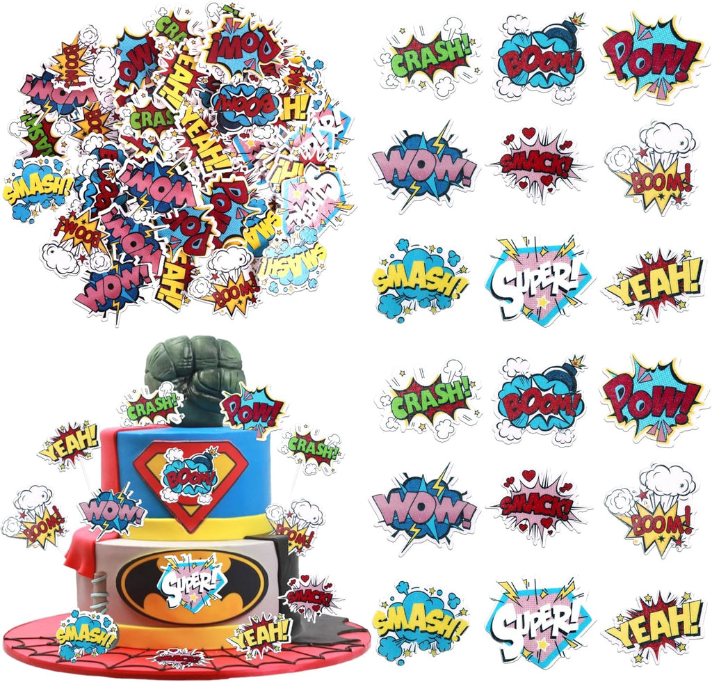 63 PCS Edible Super Hero Boom Cupcake Toppers Smash Crash Pow Cupcake Picks Edible Superhero Cake Decorations for Celebrating Hero Theme Baby Shower Kids Birthday Party Food Decorations Supplies