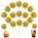 Chinco 100 Pcs Foil Firework Cupcake Toppers Gold Sparkle Tinsel Cake Toppers New Years Cake Decoration Cocktail Fruit Toothpick for Birthday Wedding Graduation Party