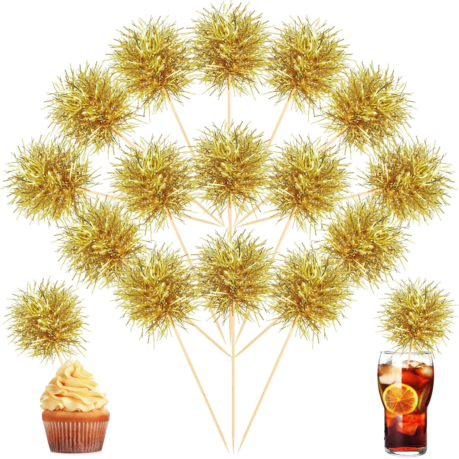 Chinco 100 Pcs Foil Firework Cupcake Toppers Gold Sparkle Tinsel Cake Toppers New Years Cake Decoration Cocktail Fruit Toothpick for Birthday Wedding Graduation Party