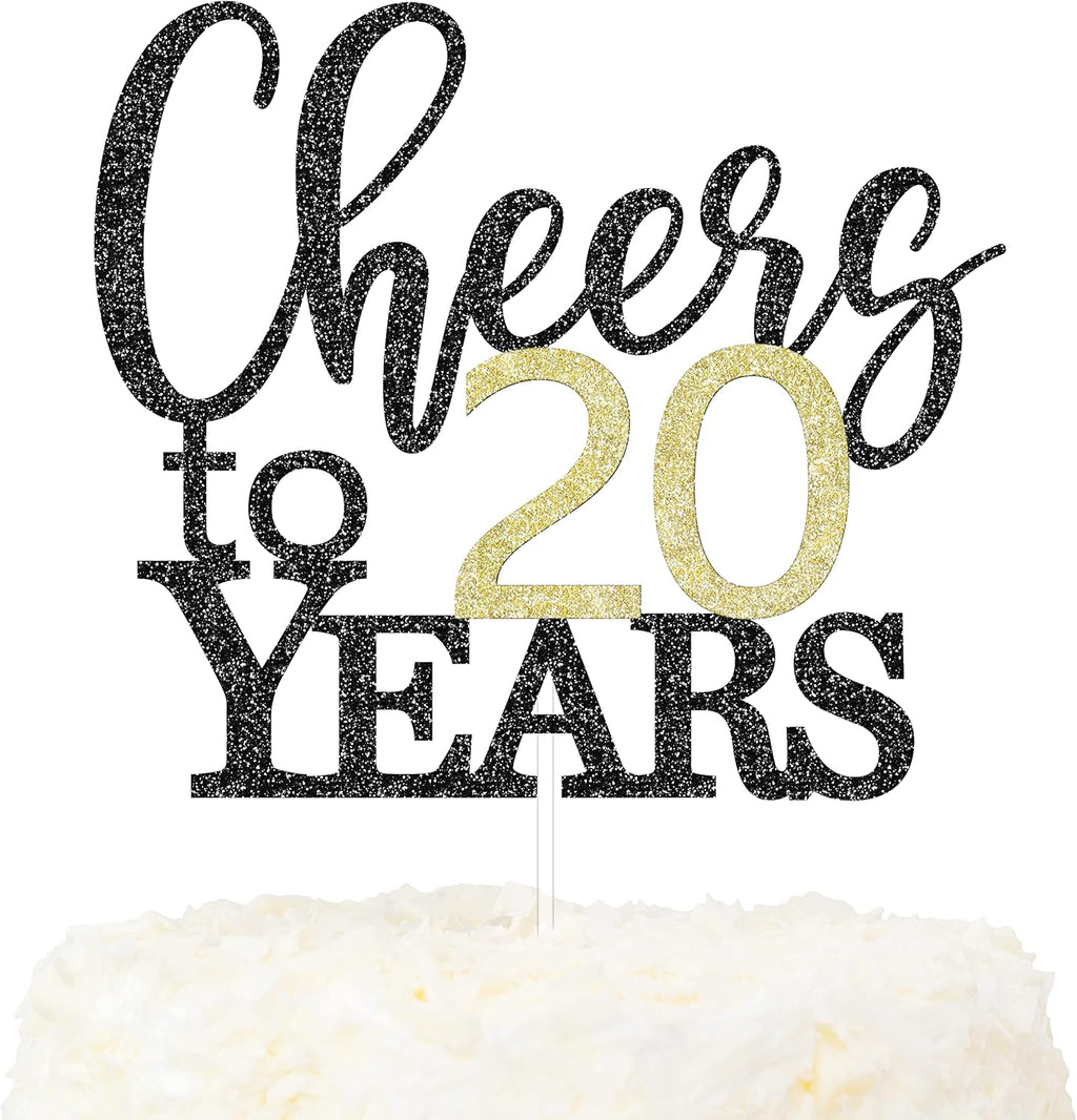 LOVENJOY Cheers to 20 Years Cake Toppers for Happy 20th Birthday Anniversary Cake Decorations, Dual-Side Glitter Black and Gold