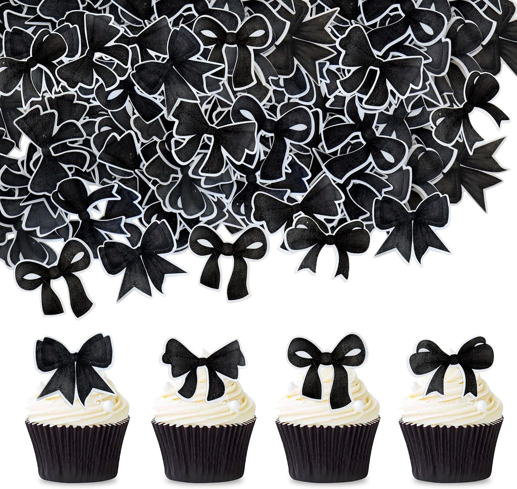 40pcs Edible Black Bowknot Cupcake Toppers Wafer Paper Bowknot Cake Dessert Picks Bowknot Drink Topper Baby Shower Princess Cupcake Toppers for Birthday Party Decoration Supplies