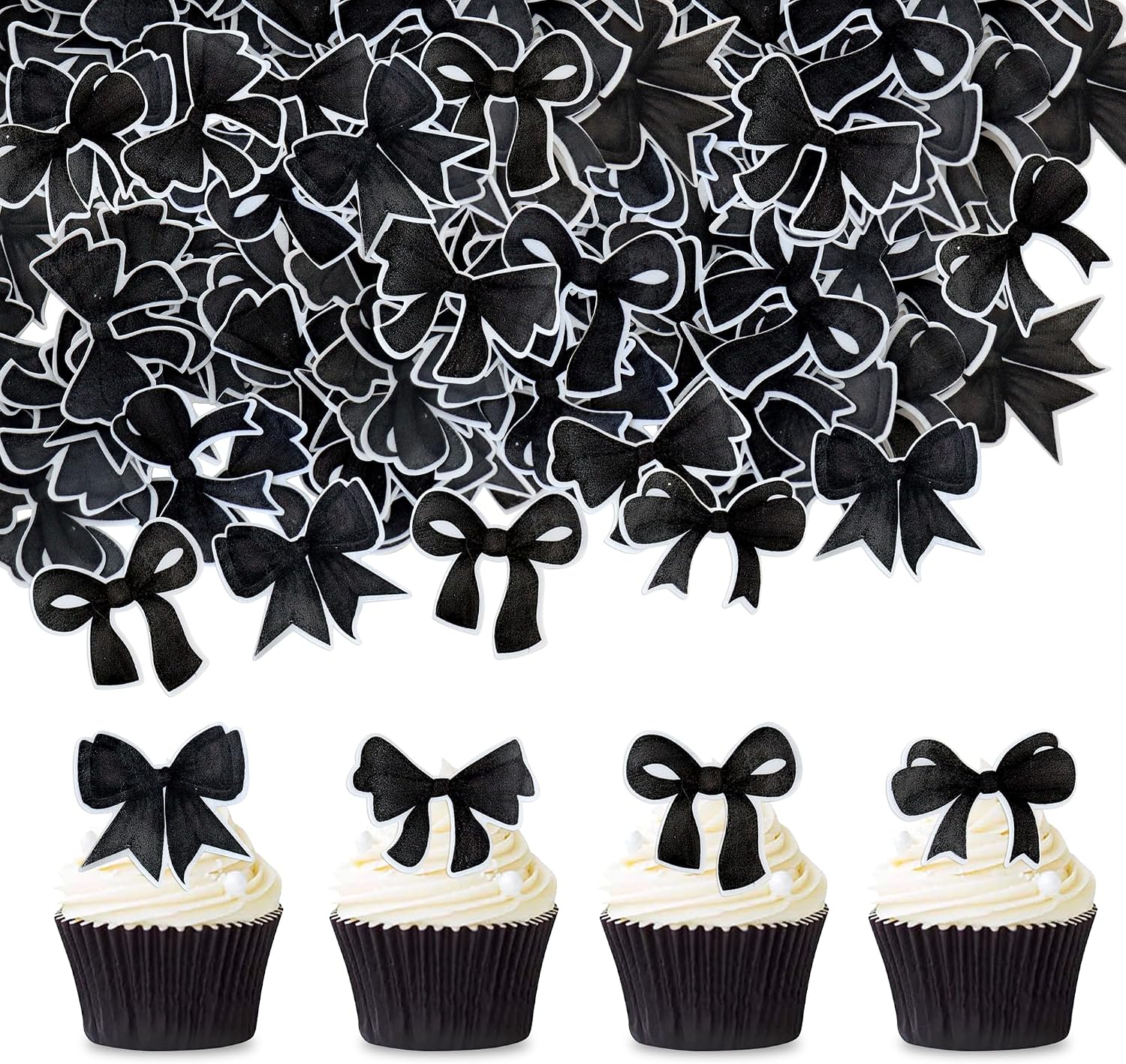 40pcs Edible Black Bowknot Cupcake Toppers Wafer Paper Bowknot Cake Dessert Picks Bowknot Drink Topper Baby Shower Princess Cupcake Toppers for Birthday Party Decoration Supplies