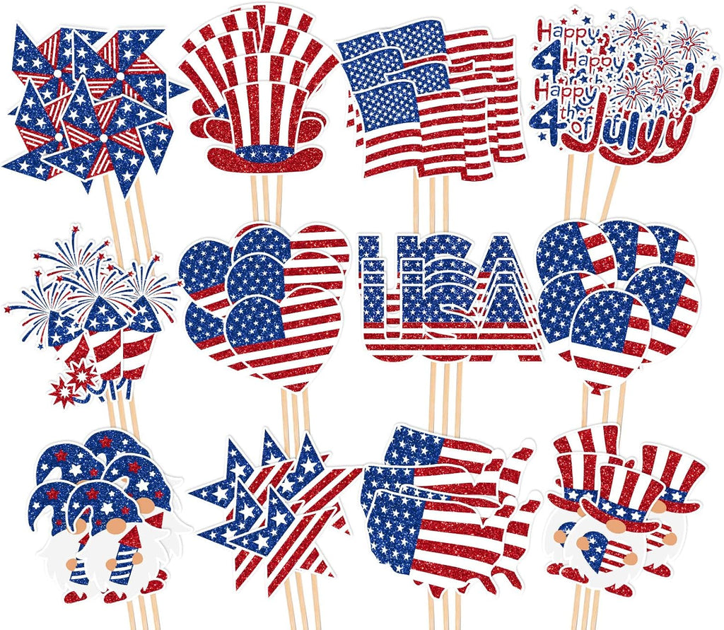 Whaline 72Pcs Patriotic Cupcake Topper Glitter 4th of July Cupcake Picks 12 Designs Cartoon Red White Blue Food Picks with Sticks Glue Point for Independence Day Memorial Day Supplies Cake Decor