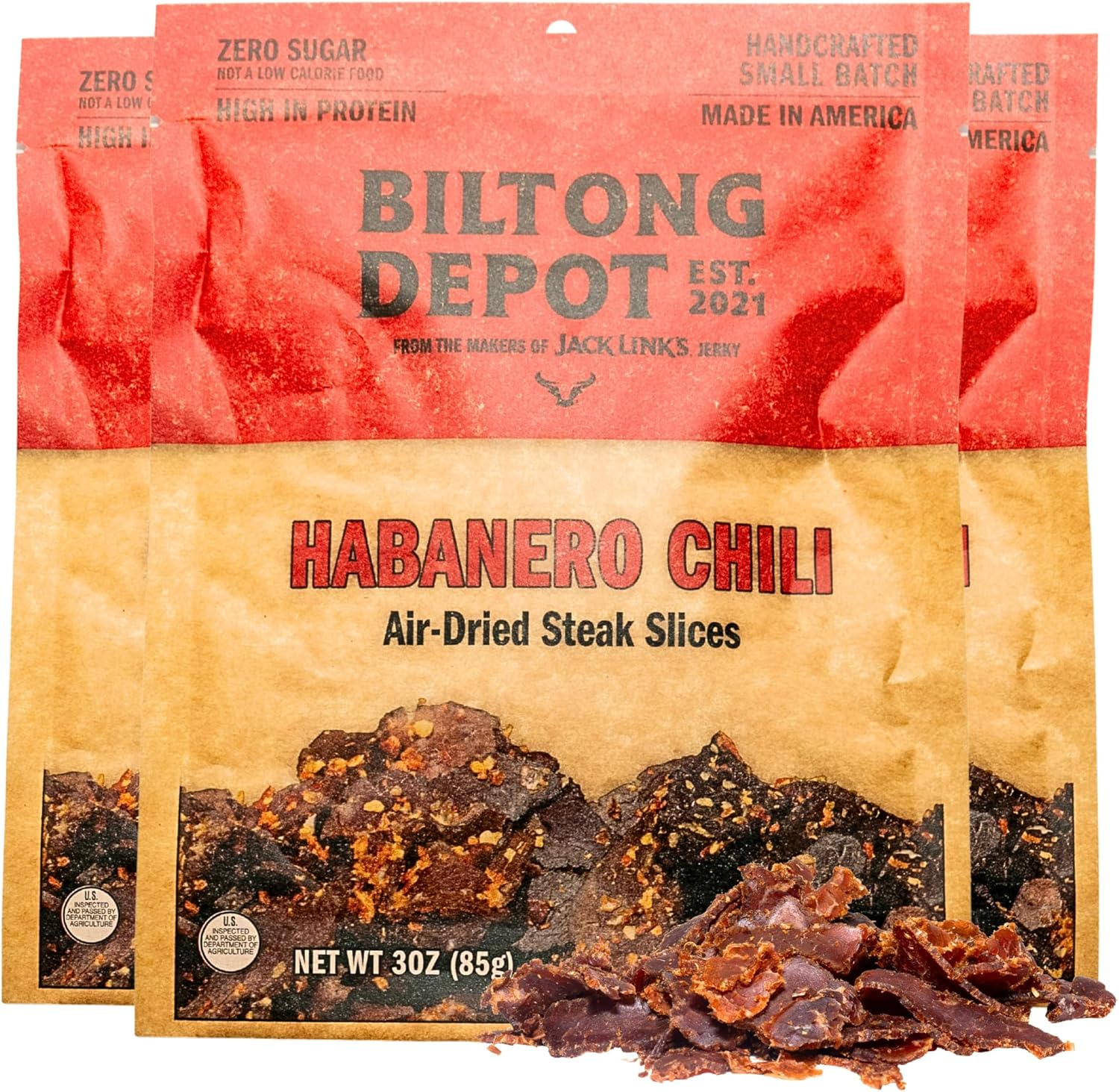 Biltong Depot Habanero Chili Biltong Slices Bundle - 3oz (3 Pack) | Air-Dried Beef Jerky Snack | Spicy Flavor| High Protein | Zero Sugar | Keto & Paleo Friendly | Gluten Free | No Artificial Preservatives | No MSG