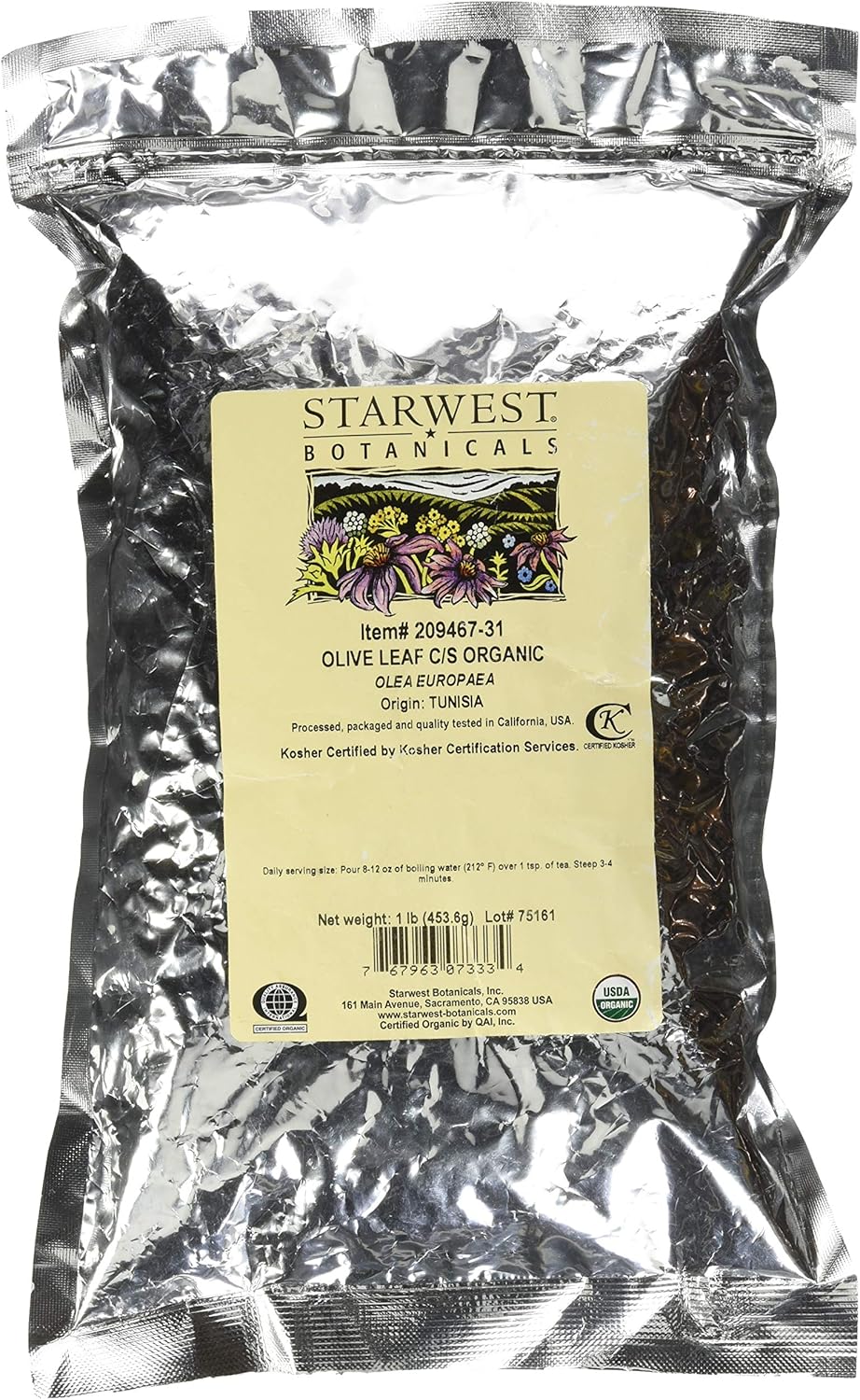 Starwest Botanicals Organic Olive Leaf - Dried Olive Leaves for Tea, Herbal Blends, Salads, Marinades, Seasonings, & More, Cut and Sifted Herb, Olea Europaea, Non GMO - Bulk 1 lb Bag