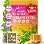 FreshDrinkUS, Premium Herbal Wellness Tea Bags | 75 Count | Blend of Sencha, Ginger, Fennel, Dandelion, Tulsi, Turmeric, Peppermint, Lavender, Lemongrass & Stevia – Herbal Tea. Vegan