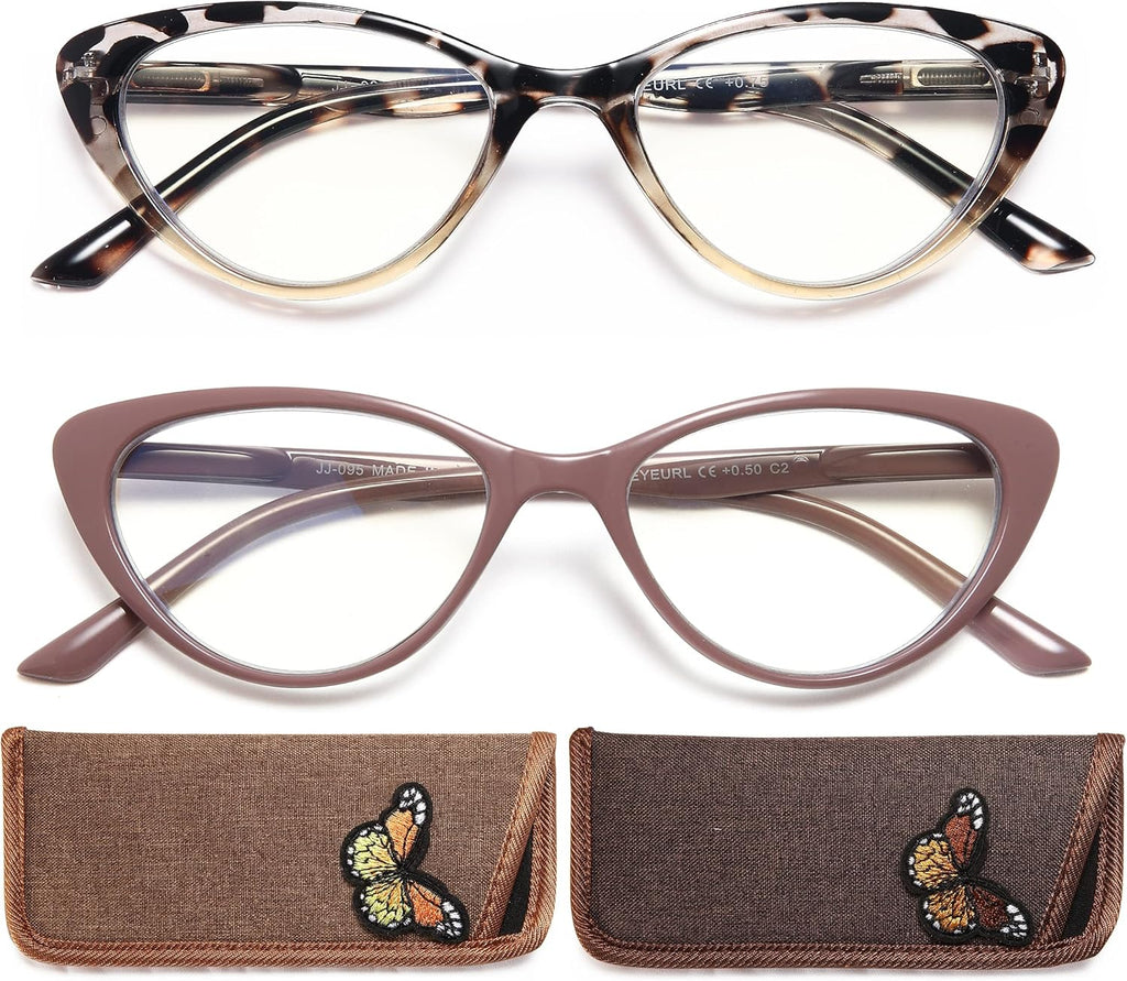 EYEURL Cat Eye Reading Glasses for Women 2 Pair Blue Light Blocking Readers 0.50 Comfort Spring Hinge Lightweight Eyeglasses Anti Glare for Ladies