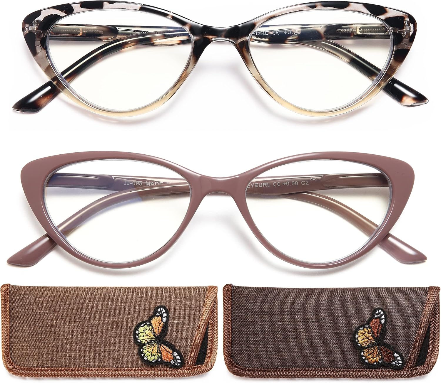 EYEURL Cat Eye Reading Glasses for Women 2 Pair Blue Light Blocking Readers 0.50 Comfort Spring Hinge Lightweight Eyeglasses Anti Glare for Ladies