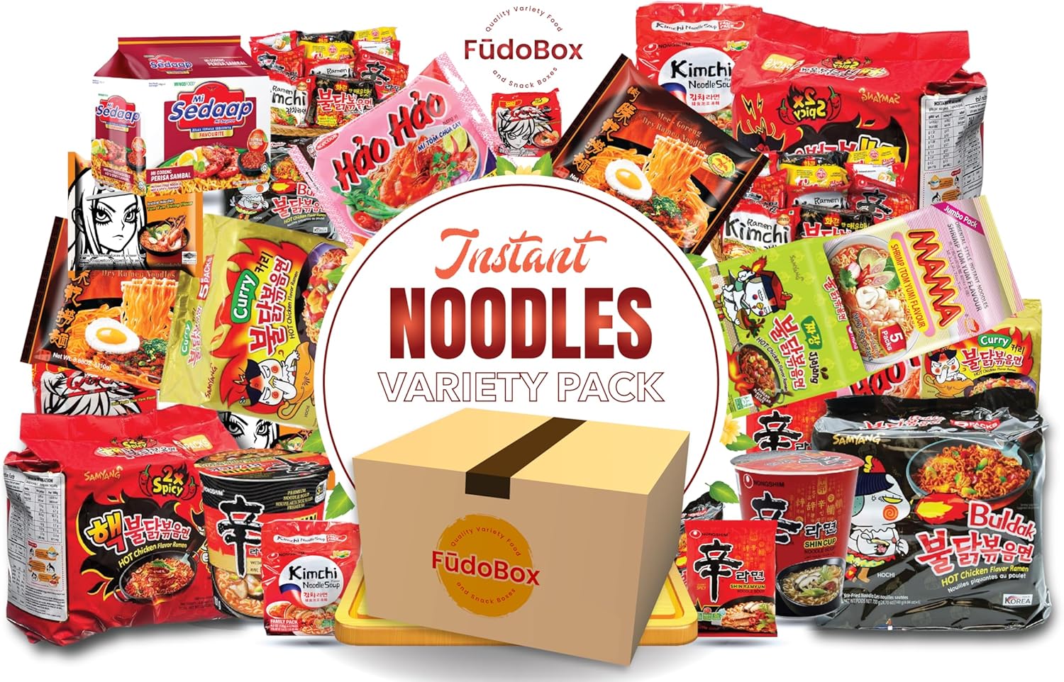 FUDOBOX Asian Instant Ramen Noodles Variety Pack | Mild to Bold Flavors with Chopsticks | Quick Meals and Student Care Package | 15 Pack Assorted