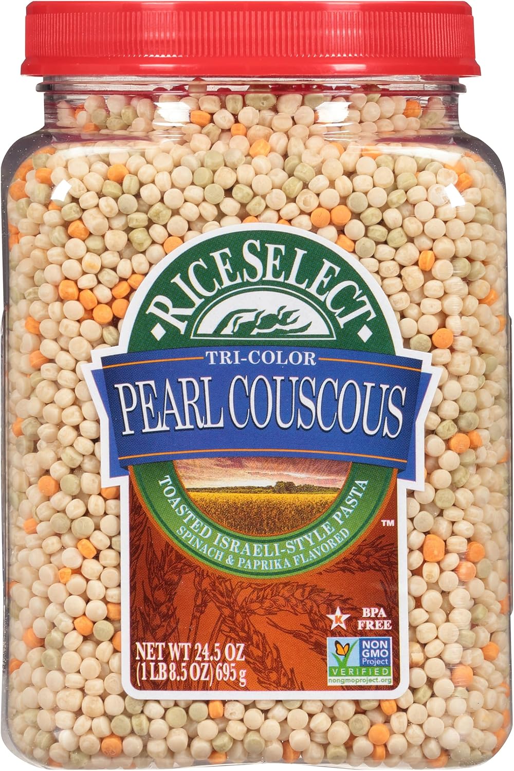 RiceSelect Tri-Color Pearl Couscous, Toasted Israeli-Style Pasta, Spinach and Paprika Flavored, 24.5 Ounce Jar (Pack of 1)