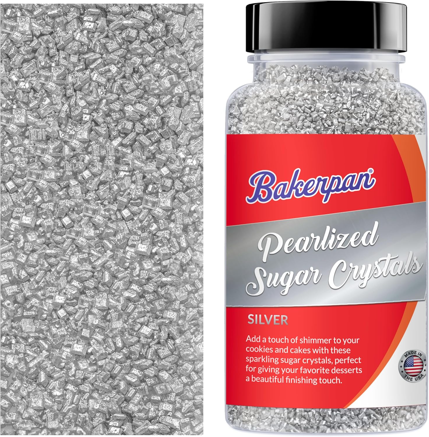 Bakerpan Pearlized Sugar Sprinkles for Baking - 5 Ounce - Sparkling Silver Decorating Sugar Crystals for Cookies, Cake Pops, Ice Cream (Made in USA)