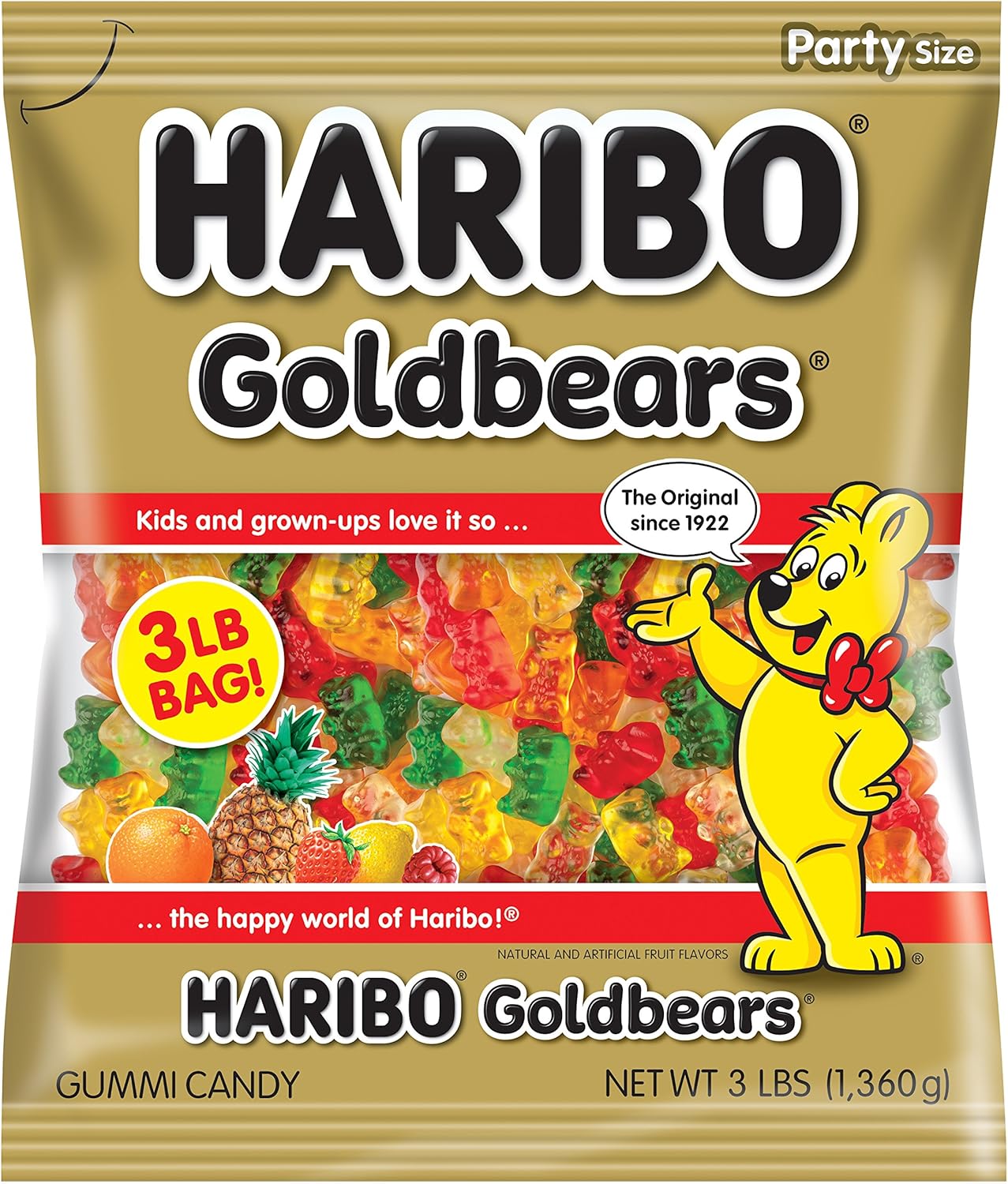 HARIBO Gummi Candy, Original Goldbears Gummy Bears, 3 Pound Party Size Bag (Pack of 4) Delicious Soft & Chewy Sweet Snacks, Assorted Fruity Flavors