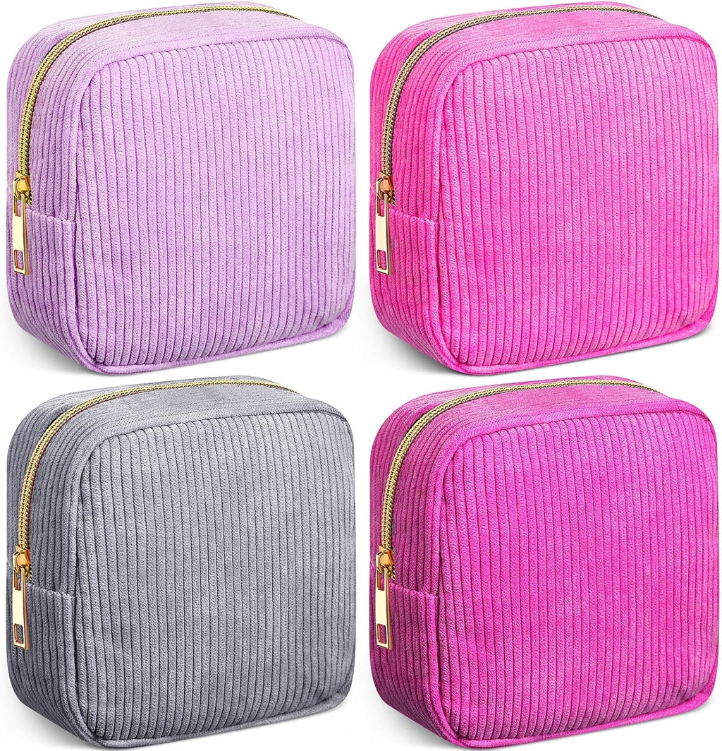 4 Pcs Sanitary Napkin Storage Bag Pink Corduroy Period Bag for Gift School Teen Mini Makeup Preppy Cosmetic Wallet Set for Women Teacher Portable First Period Cute Pad Pouch with Zipper