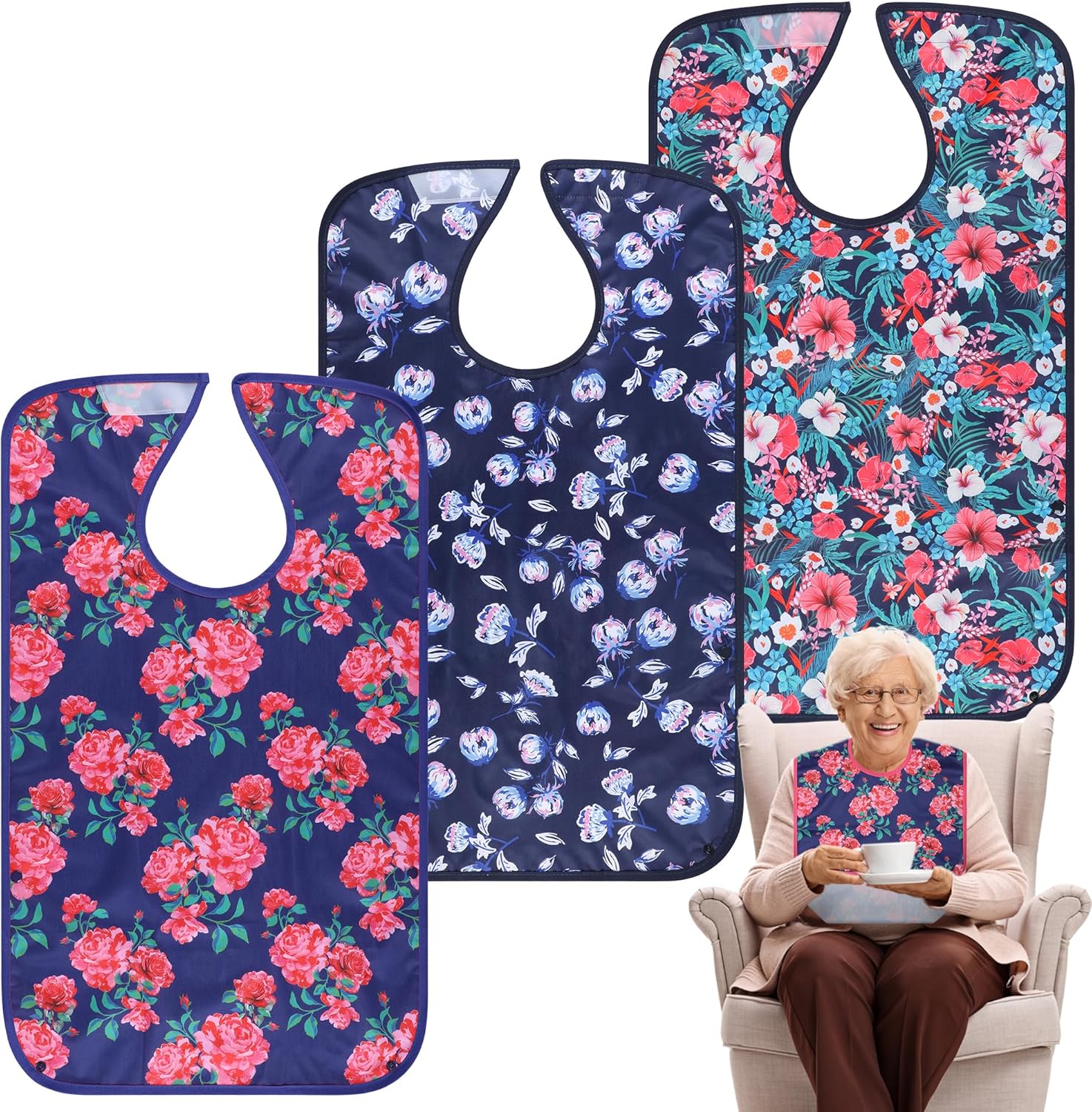 Adult Bibs - 3 Pcs Washable Clothing Protector with Crumb Catcher, Reusable Waterproof Large Feeding Adult Bib for Eating