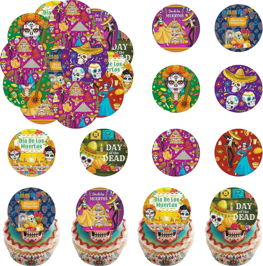 36PCS Edible Dia De Los Muertos Cupcake Toppers Wafer Paper Day of The Dead Cupcake Picks Skeleton Sugar Skul Cupcake Toppers for Mexican Fiesta Theme Party Decor Supplies (Dia De Los 2)