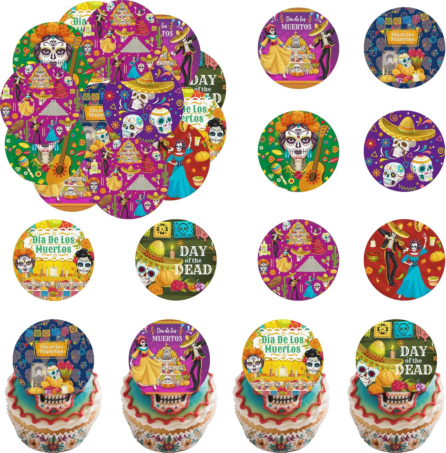 36PCS Edible Dia De Los Muertos Cupcake Toppers Wafer Paper Day of The Dead Cupcake Picks Skeleton Sugar Skul Cupcake Toppers for Mexican Fiesta Theme Party Decor Supplies (Dia De Los 2)