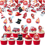 60 Edible Firetruck Cupcake Toppers Wafer Paper Fireman Party Cake Decorations Firetruck Birthday Decorations for Fireman Fire Truck Theme Baby Shower Birthday Party Cake Food Decorations Supplies