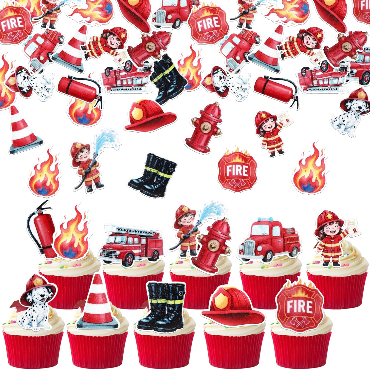 60 Edible Firetruck Cupcake Toppers Wafer Paper Fireman Party Cake Decorations Firetruck Birthday Decorations for Fireman Fire Truck Theme Baby Shower Birthday Party Cake Food Decorations Supplies