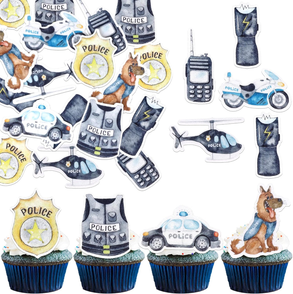 64 Pack Edible Police Cupcake Toppers Wafer Paper Selection Helicopter Car Dog Badge Uniform Gun Cupcake Picks for Police Themed Birthday Party Cake Decoration Supplies