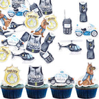 64 Pack Edible Police Cupcake Toppers Wafer Paper Selection Helicopter Car Dog Badge Uniform Gun Cupcake Picks for Police Themed Birthday Party Cake Decoration Supplies