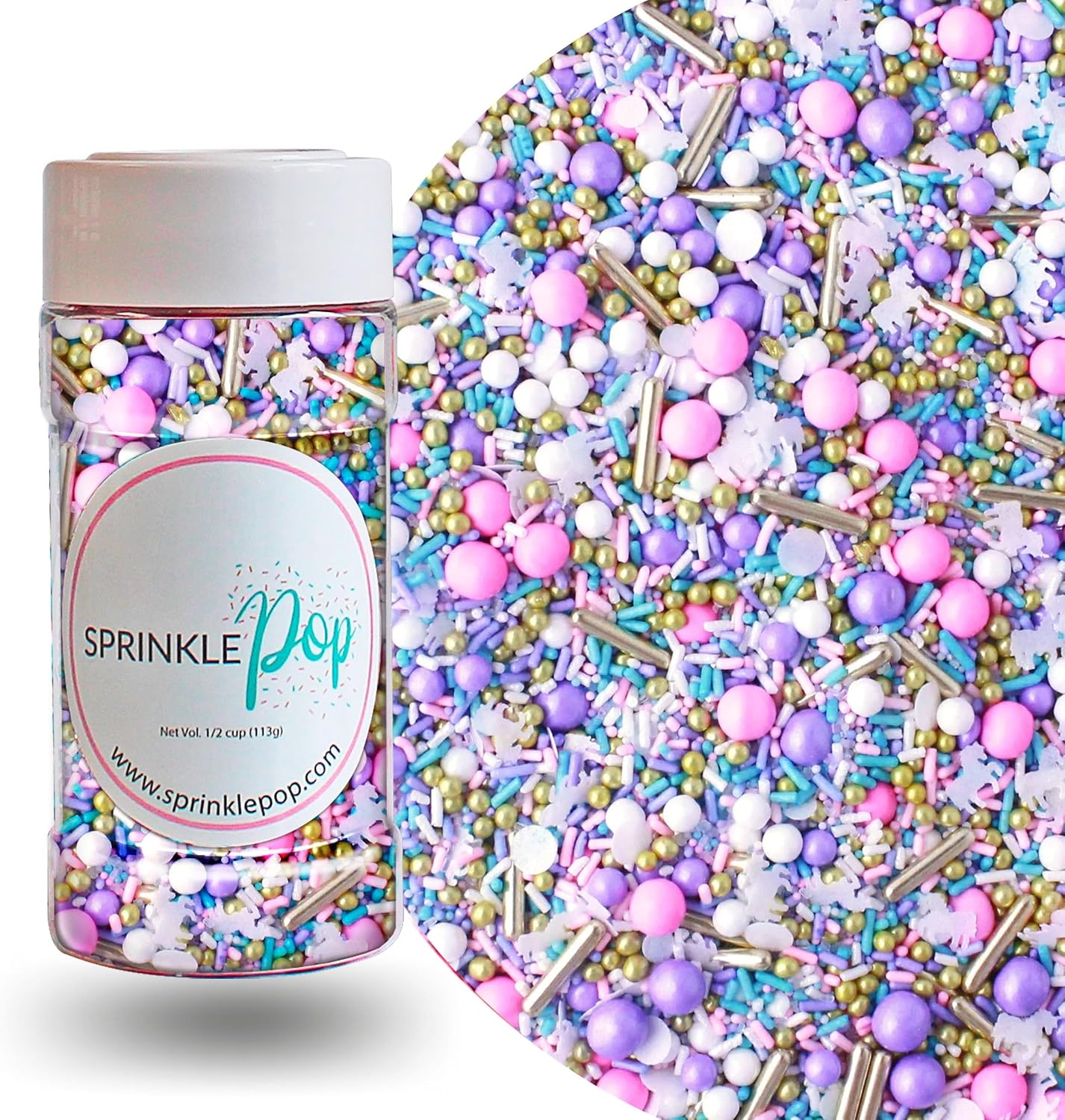 Sprinkle Pop Unicorn Sprinkle Mix| Pastel Pink Purple Blue White Sprinkles with ~20 Unicorn Wafer Paper and Gold Dragees Made in USA for Decorating Princess Birthday Cakes Cupcakes Donuts Cookies, 4oz