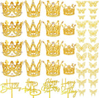 44 PCS Gold Crown Cake Decoration 16 PCS Mini Crown Tiny Crown with 24 PCS Butterfly Wall Decors and 4 PCS Birthday Cake Topper for Women Girl Crown Birthday Party Wedding Cake Decor