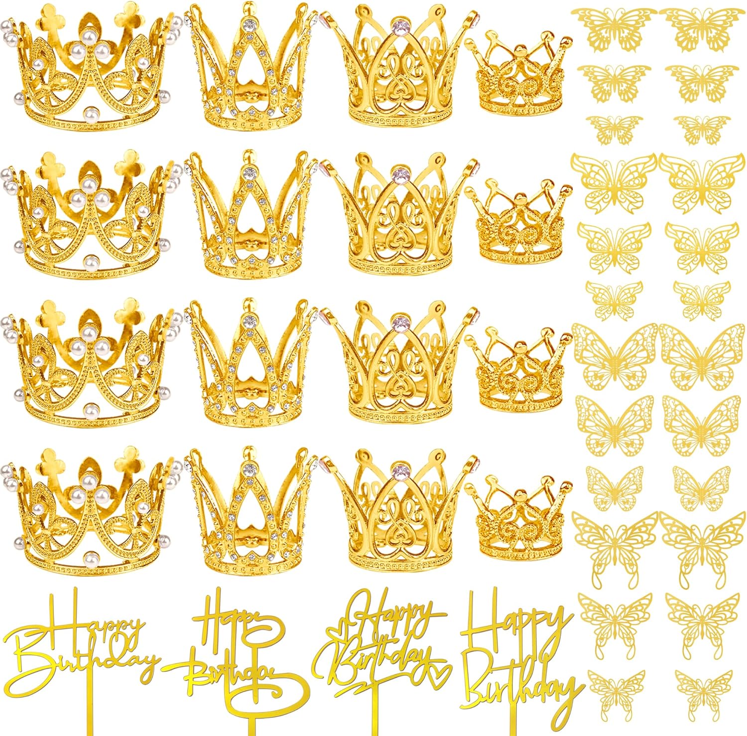44 PCS Gold Crown Cake Decoration 16 PCS Mini Crown Tiny Crown with 24 PCS Butterfly Wall Decors and 4 PCS Birthday Cake Topper for Women Girl Crown Birthday Party Wedding Cake Decor