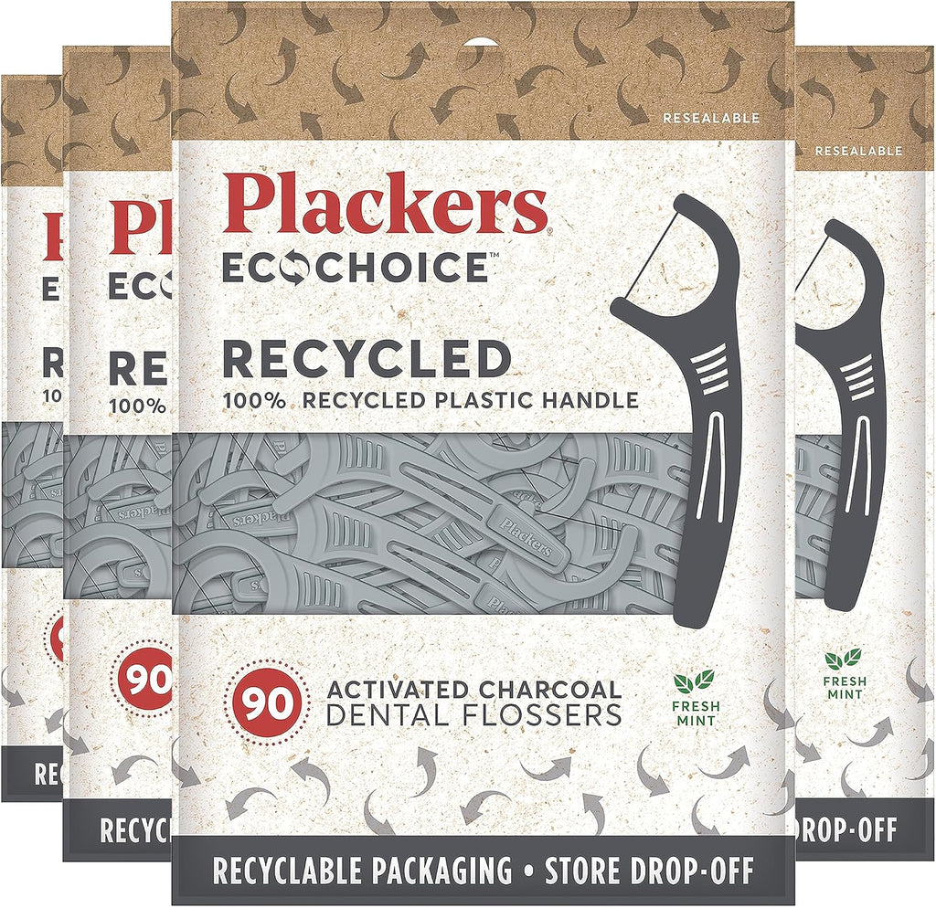 Plackers Ecochoice Activated Charcoal Recycled Dental Flossers, 90 Count (Pack of 4)