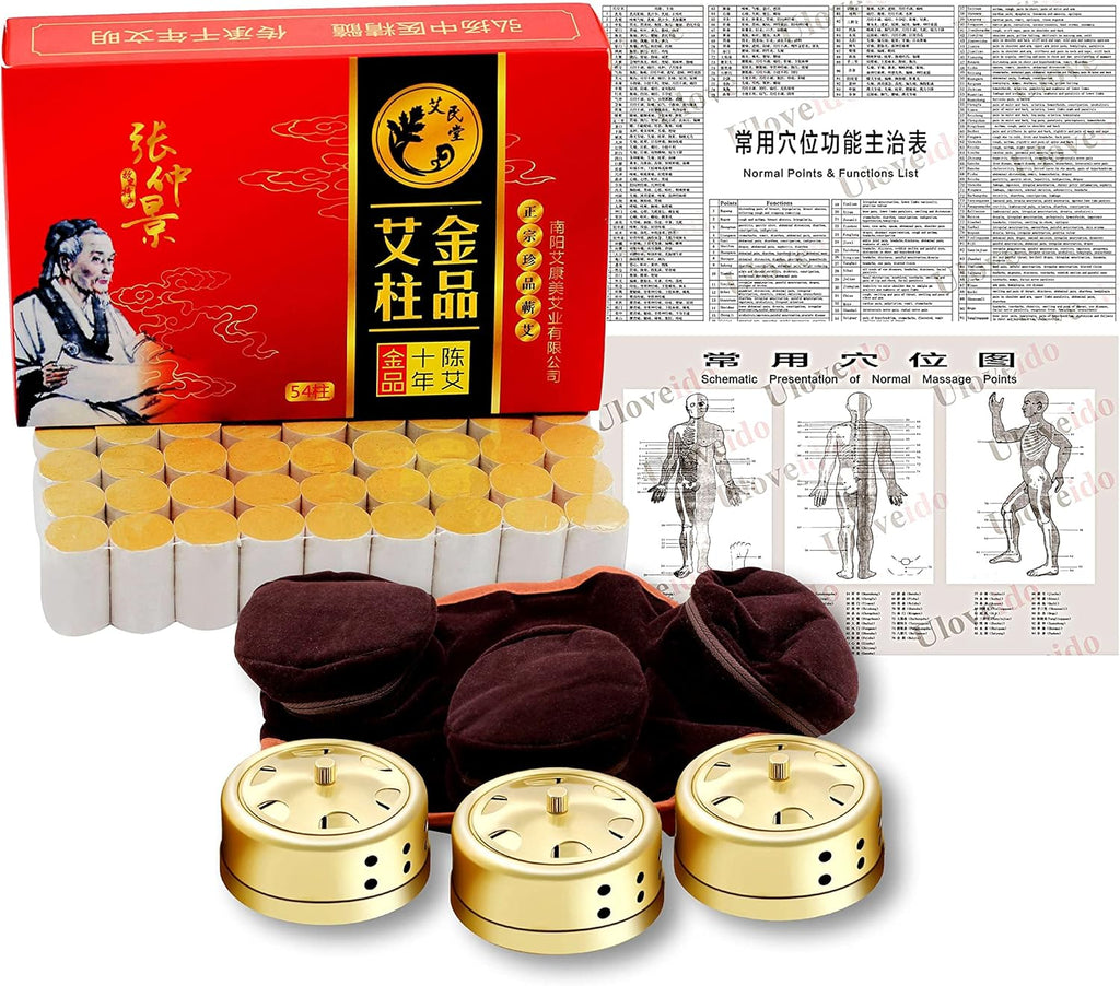 Chinese Moxibustion Box Kit Moxa Box Tools Smokeless Portable Set: Moxa Cone 54pcs, 3 Copper Burner Box, Moxibustion Belt, 1 Acupoint Map Y2483