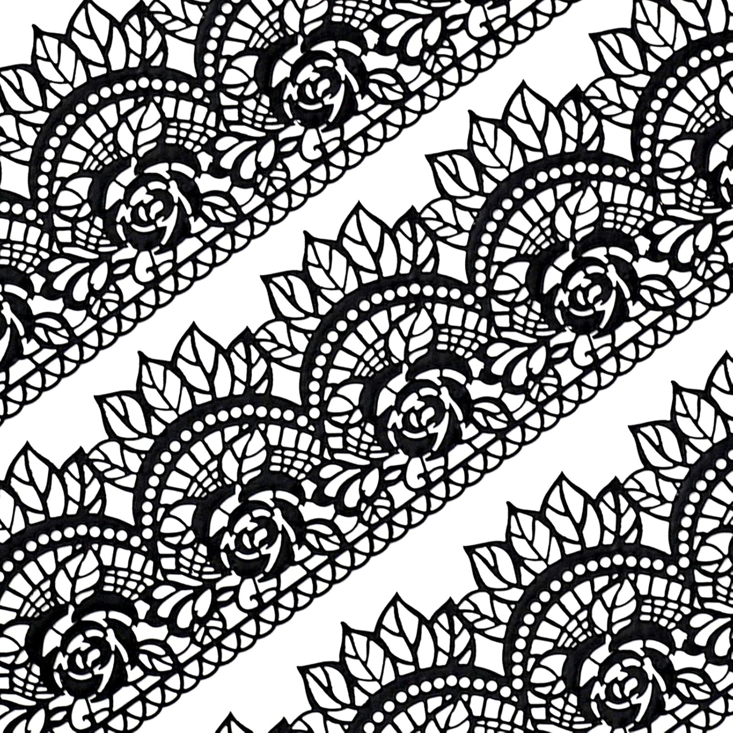 Large Pre-Made Ready to Use Edible Cake Lace Rose Scallop Black 14-inch 10-piece Set