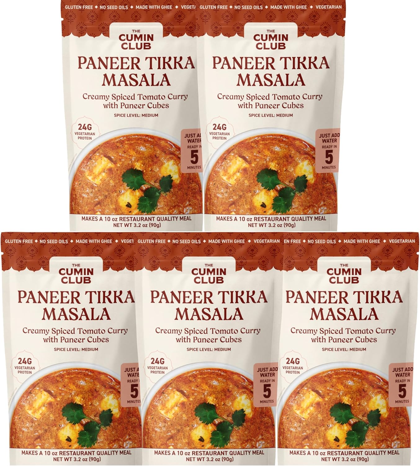 The Cumin Club's Instant Paneer Tikka Masala - Authentic Indian Meal with Regional Flavors, Ready to Eat in Just 5 Minutes - Pack of 5 Pouches for Convenient and Delicious India Cuisine at Home