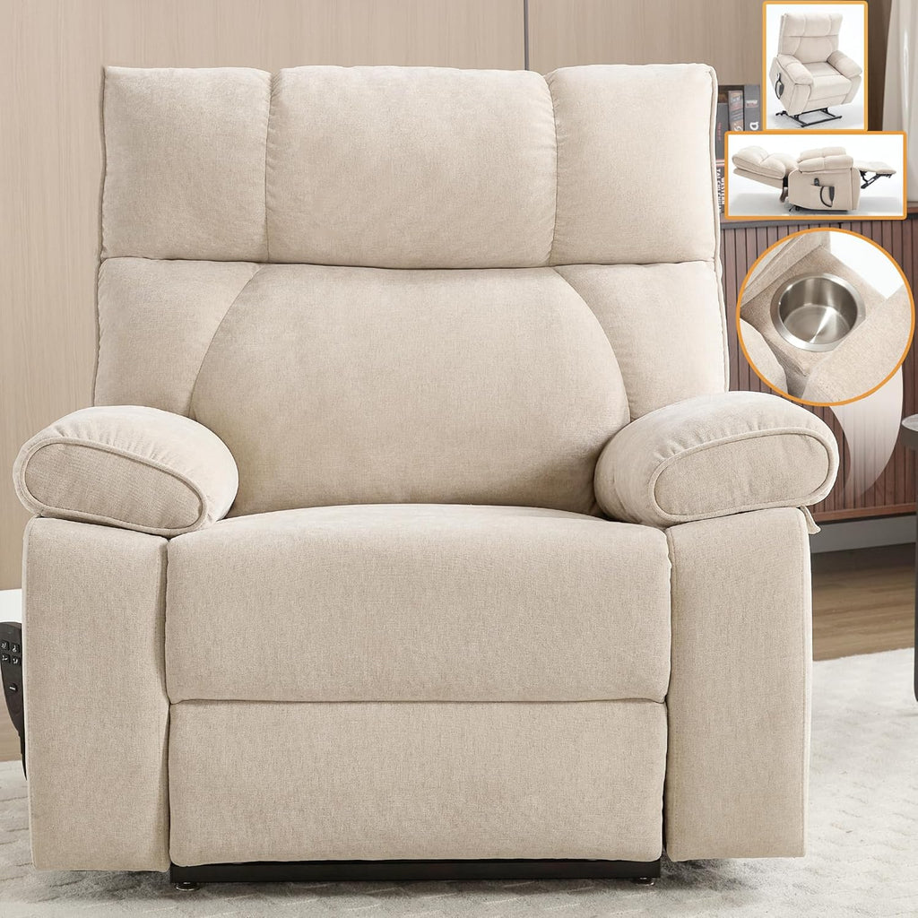Extra Large Dual Motor Power Lift Recliner Chair, Lift Chair with Massage and Heat for Elderly, Lay Flat Recliner, Standing Assistance, Stainless Steel Cup Holders, Chenille Beige