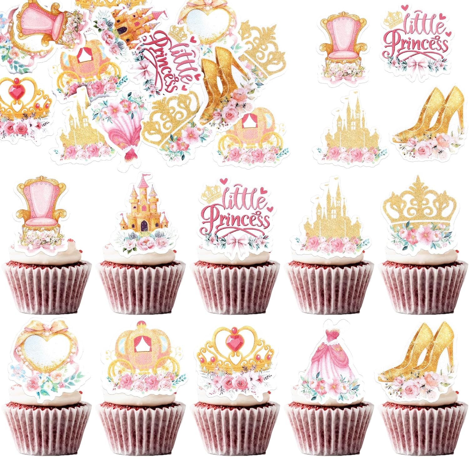 60 Edible Princess Cupcake Toppers Wafer Paper Elegant Princess Dress Castle High Heels Jewelry Cupcake Picks for Birthday Party Cake Decorations Supplies