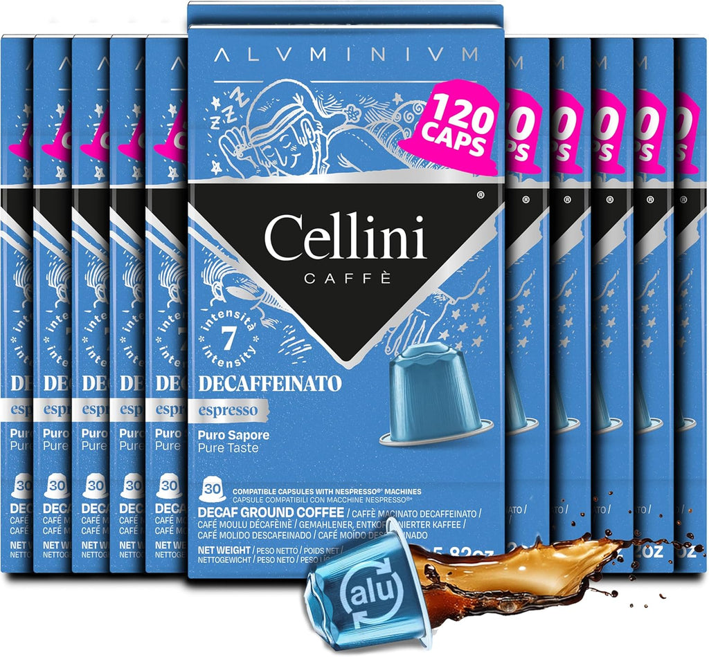 Cellini Caffè Decaffeinato Aluminum Nespresso Pods, 120 Count, Medium Roast Coffee Capsules, 100% Nespresso Original Machine Compatible