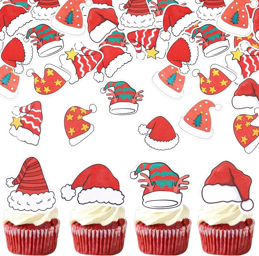 64 PCS Edible Merry Christmas Cupcake Toppers Wafer Paper Santa Claus Hat Cupcake Picks Edible Elf Hat Christmas Cupcake Decorations for Xmas Theme New Year Holiday Party Cake Decorations Supplies