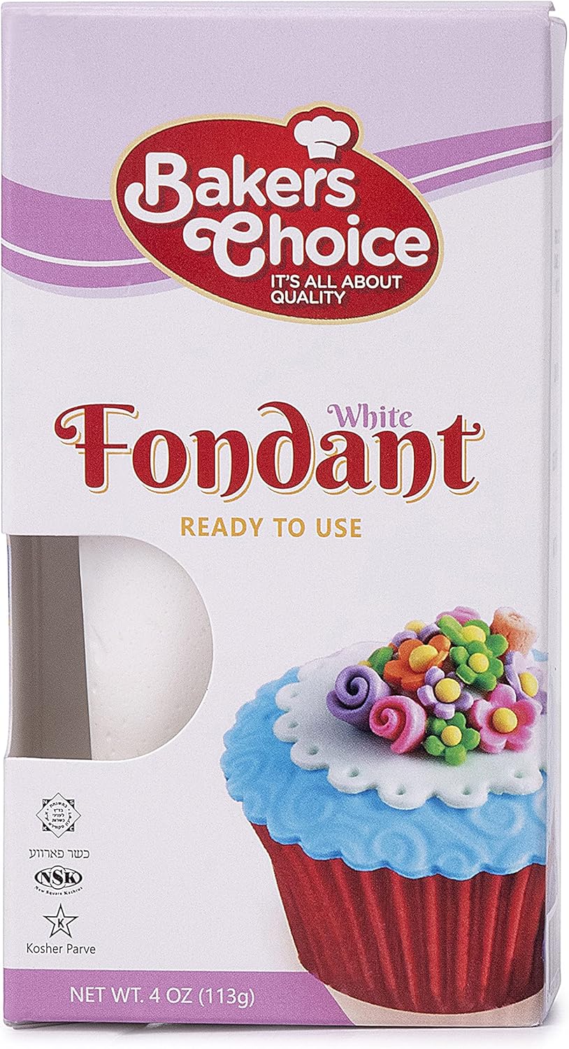 White Fondant Icing - 4 oz. - Ready to Use Cake Decorating Frosting - Easy To Roll, Moldable, Kosher, Dairy Free, and Nut Free - White Fondant For Cakes Cupcakes and Cookies - By Baker’s Choice