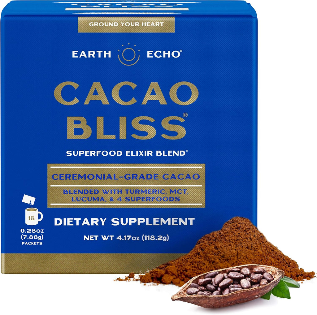 Earth Echo Cacao Bliss - Ceremonial Grade Organic Raw Cacao Powder with MCT Oil & Turmeric - Supports Energy Boost, Mindful Snacking & Focus - Unsweetened, Vegan, GMO-Free, 15 Packets for On-the-Go