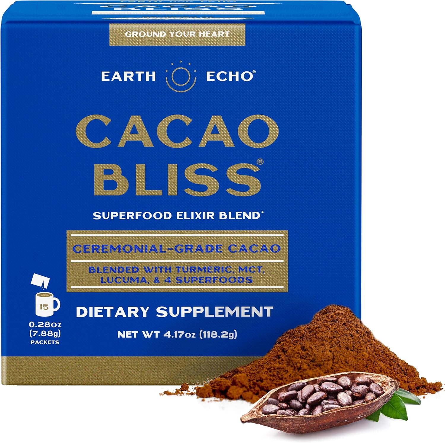 Earth Echo Cacao Bliss - Ceremonial Grade Organic Raw Cacao Powder with MCT Oil & Turmeric - Supports Energy Boost, Mindful Snacking & Focus - Unsweetened, Vegan, GMO-Free, 15 Packets for On-the-Go