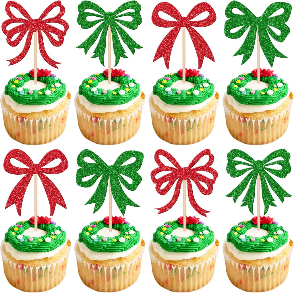 24 PCS Christmas Bowknot Cupcake Toppers Merry Chrsitmas Cupcake Picks Xmas Bow Cake Toppers Coquette Birthday Decorations for Merry Christmas Baby Shower Birthday Party Decorations Supplies Red Green