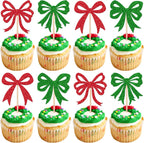 24 PCS Christmas Bowknot Cupcake Toppers Merry Chrsitmas Cupcake Picks Xmas Bow Cake Toppers Coquette Birthday Decorations for Merry Christmas Baby Shower Birthday Party Decorations Supplies Red Green
