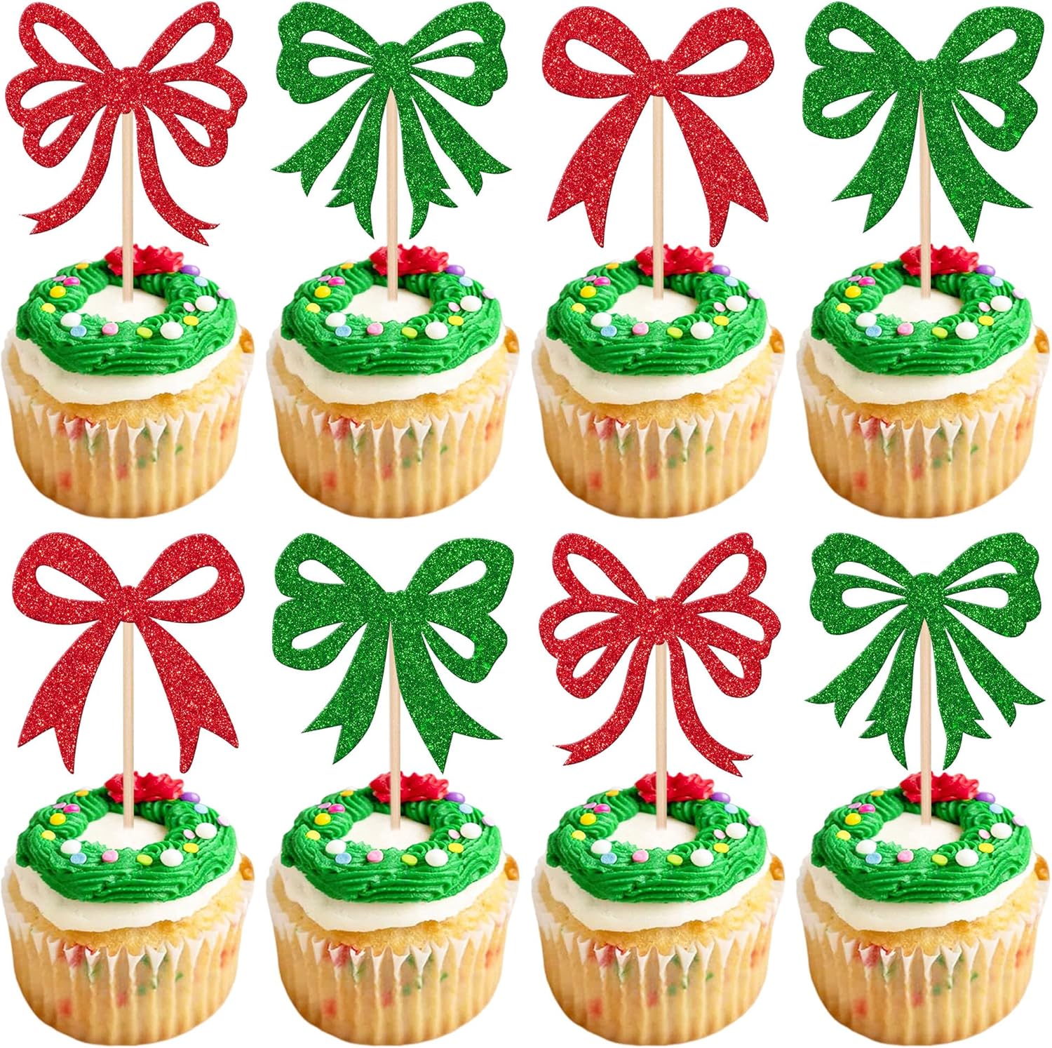 24 PCS Christmas Bowknot Cupcake Toppers Merry Chrsitmas Cupcake Picks Xmas Bow Cake Toppers Coquette Birthday Decorations for Merry Christmas Baby Shower Birthday Party Decorations Supplies Red Green