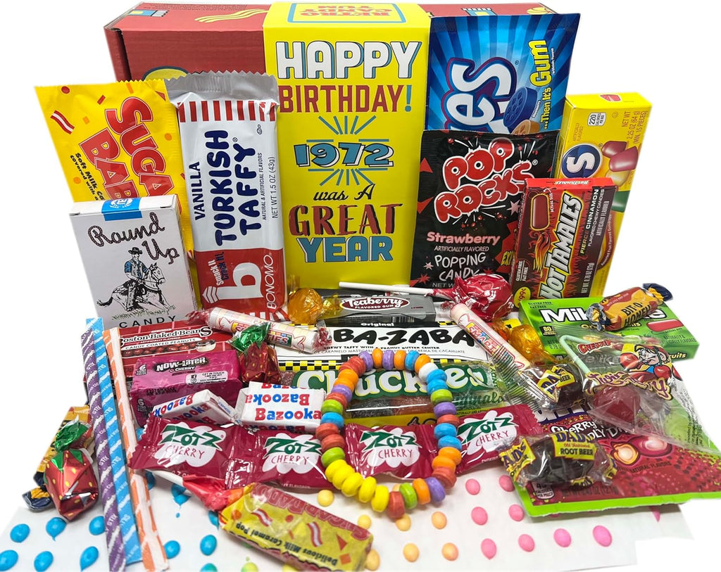 RETRO CANDY YUM ~ 1972 54th Birthday Gift Box of Nostalgic Retro 70s Candy Mix from Childhood for 54 Year Old Man or Woman Born Back in 1972 Jr