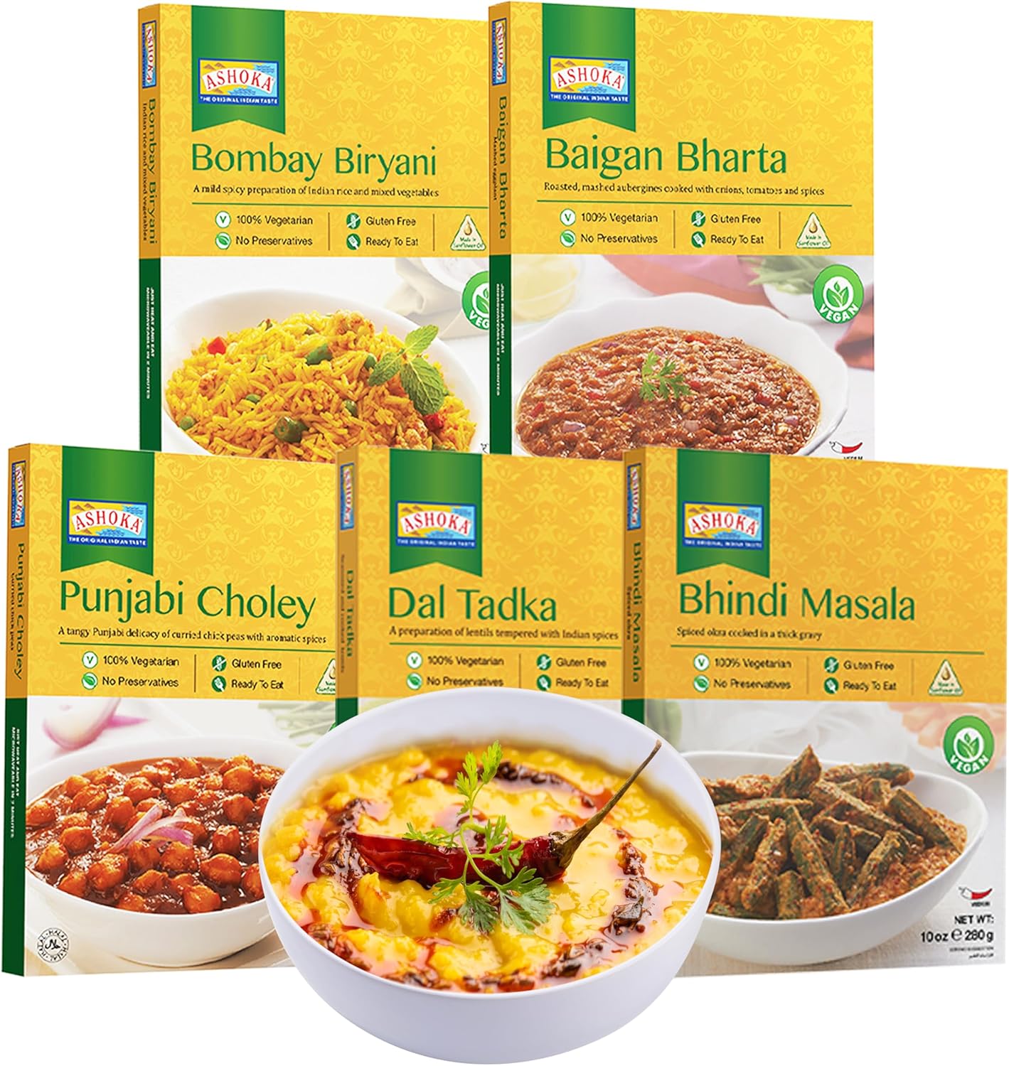 Ashoka Authentic Indian Meals 1932, Vegan Sampler Pack, Kosher Certified, Ready to Eat Meal Kit, All-Natural Microwave Friendly, Great for Hiking & Camping, Gluten-Free, No Preservatives, Pack of 5