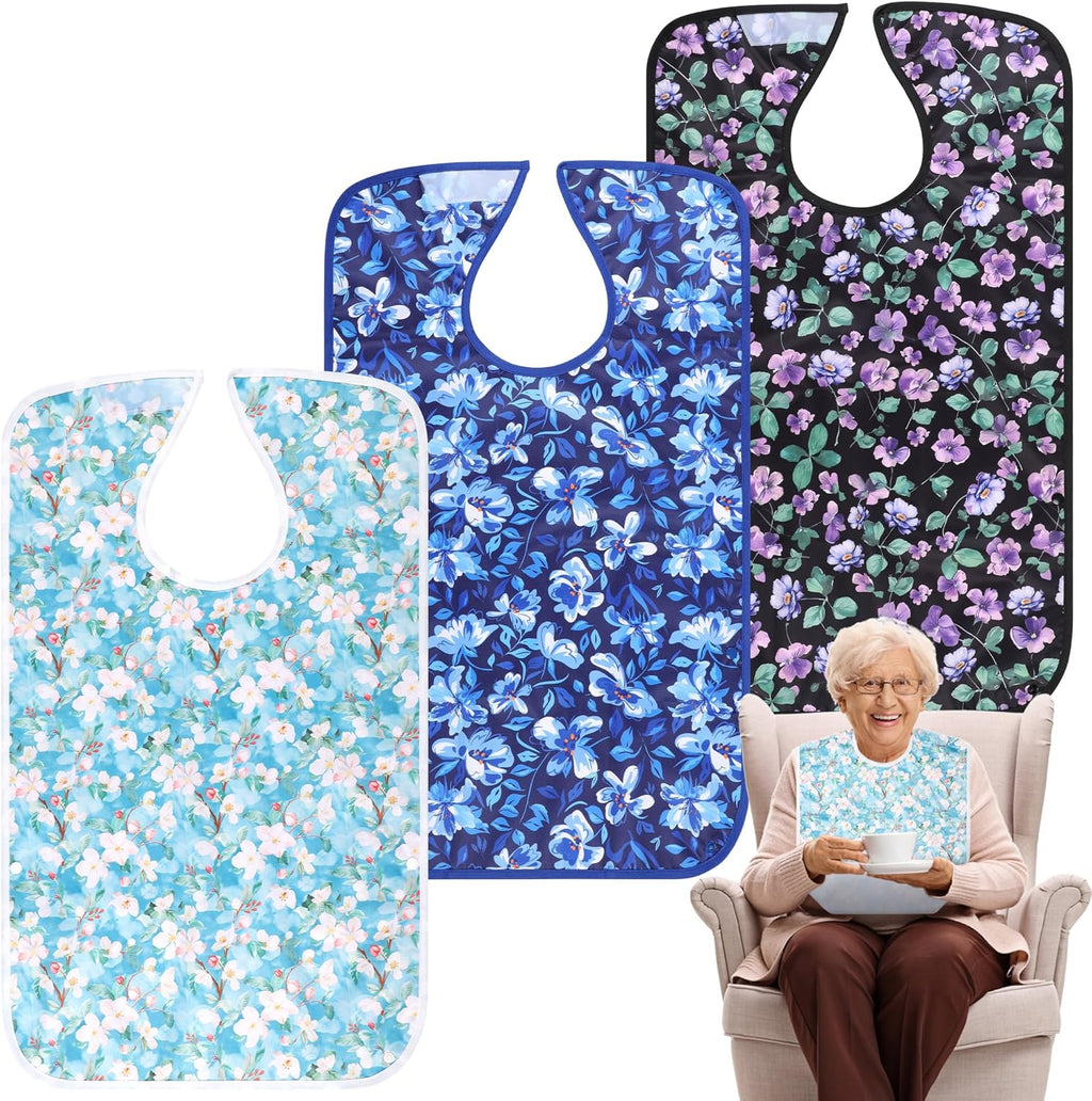 Adult Bibs - 3 Pcs Washable Clothing Protector with Crumb Catcher, Reusable Waterproof Large Feeding Adult Bibs Blue