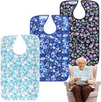 Adult Bibs - 3 Pcs Washable Clothing Protector with Crumb Catcher, Reusable Waterproof Large Feeding Adult Bibs Blue